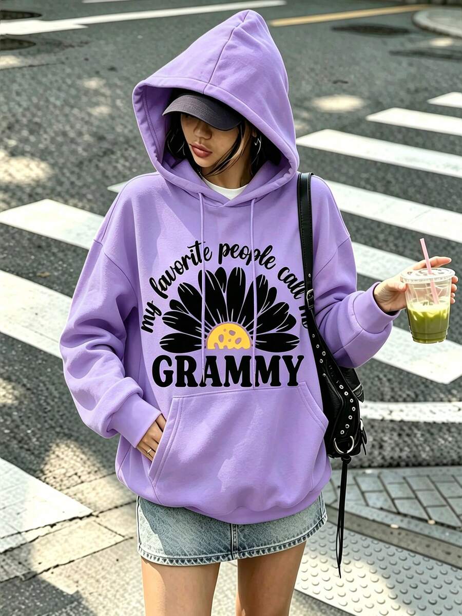Grammy Print Kangaroo Pocket Hoodie, Casual, Long Sleeve, Drawstring, Loose Fit, Comfortable Daily Wear For Women - Perfect For Autumn/Winter - Mauve Purple - View 1