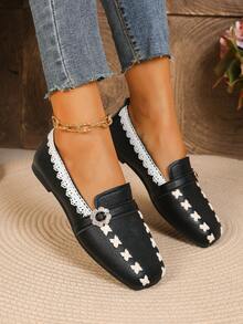 Women's All-Season Fashion Comfortable Soft Sole Non-Slip Flat Ballet Shoes With Metal Rivet Decor Square Toe V-Cut Opening Black Driving Loafers - Black - View 3