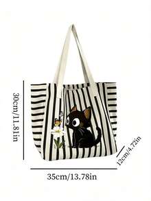Set Tas Tote Kanvas Bergaris Motif Kucing Hitam Lucu dan Kupu-kupu Daisy dengan Dompet Kecil, Tas Bahu Kapasitas Besar untuk Wanita, Cocok untuk Perjalanan Sehari-hari dan Sekolah. - MultiWarna - View 11