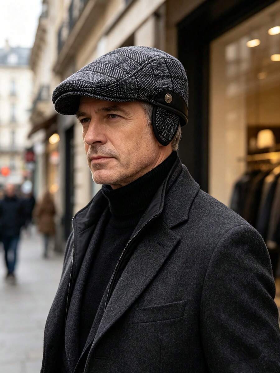 1pc Men's Thickened Ear-Protective Warm Baseball Cap, Autumn/Winter, Middle-Aged And Elderly, Thermal Lined Wool Plaid Beret - A - View 1