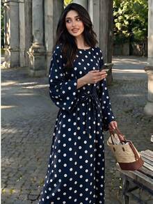 Polka Dot Long Dress With Flared Sleeves And Waist Tie Abaya, Suitable For Daily Wear - Multicolor - View 44