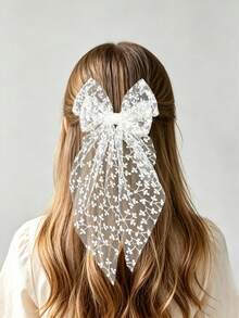 1pc Girls White Lace Embroidered Cute Elegant Long Tail Bow Veil Hair Clip Children Hair Accessory - Multicolor - View 8