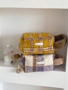 Autumn/Winter Atmosphere Plaid Plush Handbag Tote Storage Bag Large Capacity Portable Skincare & Makeup Organizer Bag - Multicolor - View 7