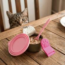 3 Pieces Silicone Pet Food Can Lid, Spoon And Can Opener; Portable Cat And Dog Food Storage Can Lid; Airtight Lid; Pet Health Supplies - Pink - View 2