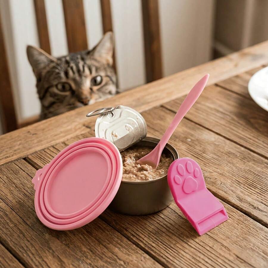 3 Pieces Silicone Pet Food Can Lid, Spoon And Can Opener; Portable Cat And Dog Food Storage Can Lid; Airtight Lid; Pet Health Supplies