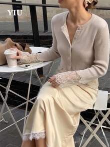 Cardigan Rajut Bergaris YIU Wanita, Detail Renda Kontras, Lengan Panjang, Leher Bulat, Atasan Kancing Depan - Khaki - View 3