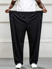 1Pc Men's Plus Size Summer Casual Pants, Stretch Drawstring Waist, Straight-Leg Trousers With Zipper Pockets, Suitable For Daily & Outdoor Wear - Black - View 1
