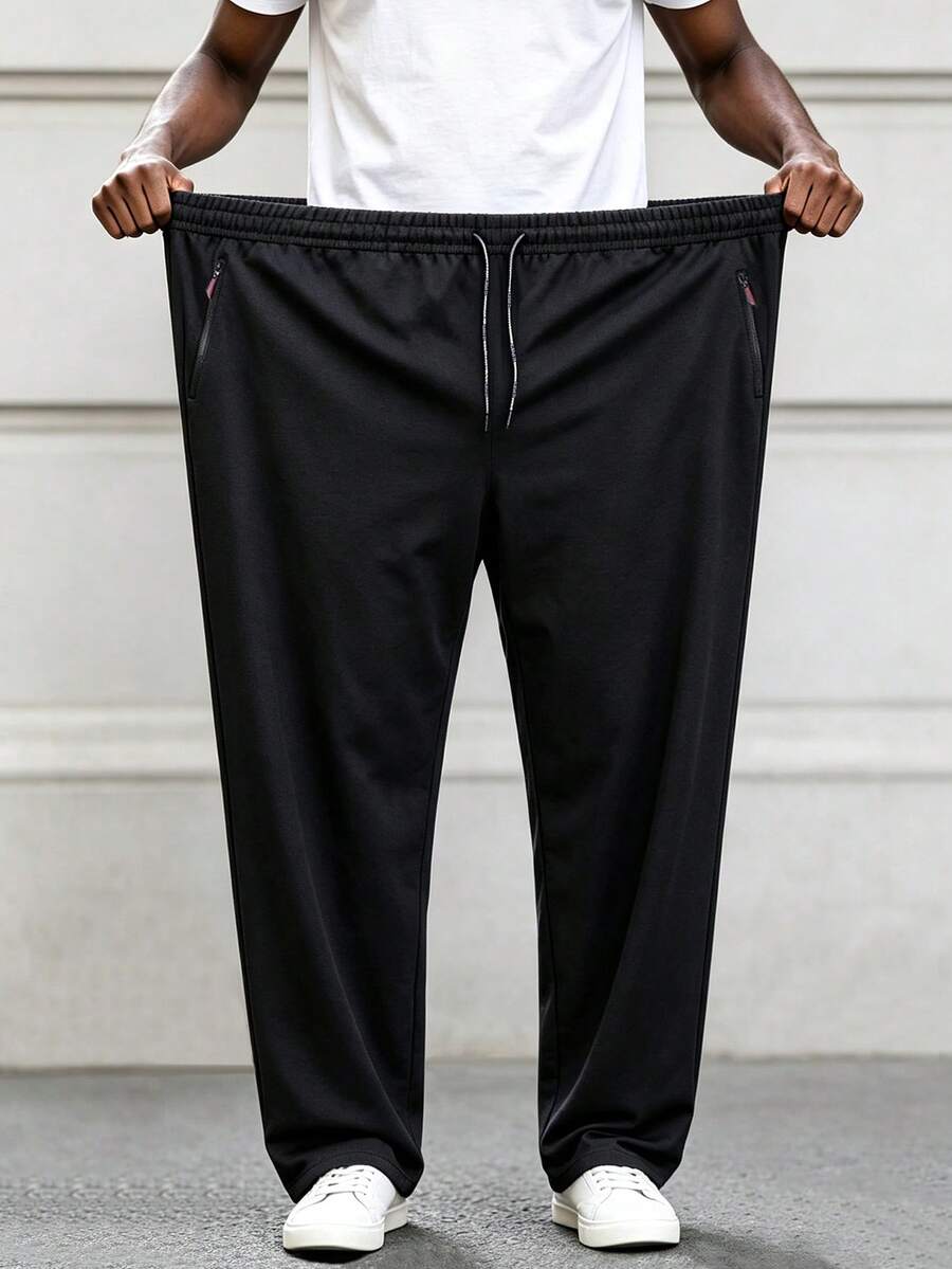 1Pc Men's Plus Size Summer Casual Pants, Stretch Drawstring Waist, Straight-Leg Trousers With Zipper Pockets, Suitable For Daily & Outdoor Wear - Black - View 1