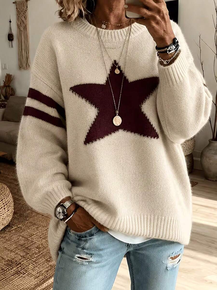 2026 Autumn/Winter New Women's Ribbed Knit Star Pattern Long Sleeve Pullover Sweater, Casual Knit Top - Khaki - View 1