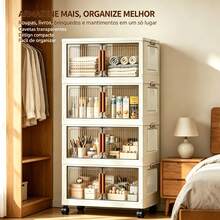Armário Organizador Multiuso Dobrável 4 Andares Largura 48cm Cor Branco Creme, Portas Semitransparentes Fumê, Travas Laterais Empilháveis, Rodinhas Giratórias 360° com Sistema de Trava, Armazenamento à Prova de Poeira, Ideal para Roupas, Cosméticos, Brinquedos, Utensílios Domésticos, Livros,Quarto,  Cozinha e Sala - Visão 3