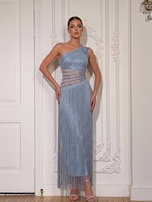 New Women's Sexy One Shoulder Sleeveless Backless Heavy Rhinestone Mesh Patchwork Tassel Bandage Long Formal Evening Gown - Baby Blue - View 1