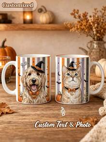 Customized Halloween Pet Portrait Mug, Personalized Watercolor Dog Cat Photo Cup, Striped Pet Lover Gift, Watercolor Pet Mug, Halloween Gift - Multicolor - View 1