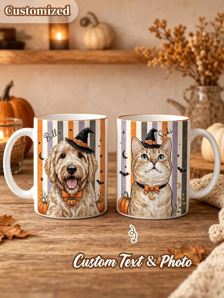 Customized Halloween Pet Portrait Mug, Personalized Watercolor Dog Cat Photo Cup, Striped Pet Lover Gift, Watercolor Pet Mug, Halloween Gift - Multicolor - View 1