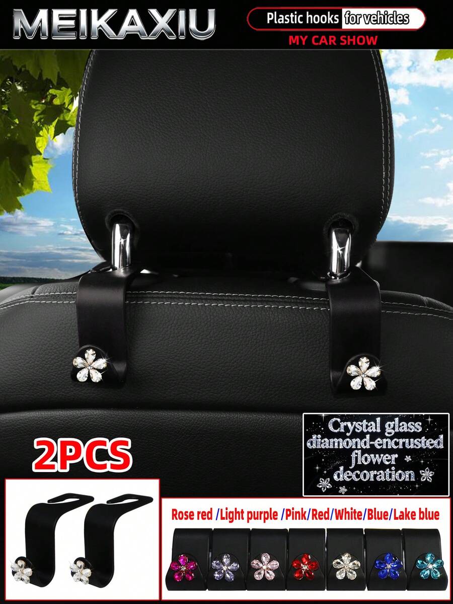 MEIKAXIU 2pcs Universal Car Seat Headrest Hooks, Rhinestone Crystal Flower Blingbling Decor For Women, Suitable For Car Rear Seat Storage Organizer, Can Hang Handbags, Wallets, Clothes, Coats, Etc. - Rhinestone Crystal Glass Flower Style - View 1