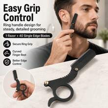 Ring-Style Straight Razor Set With 40pcs Replacement Stainless Steel Blades, Non-Slip Handle Hair Clipper And Shaving Razor, Suitable For Beard Trimming, Eyebrow Shaping, Hairline And Body Hair Precision Grooming, Salon And Home Use - Multi-color - View 6