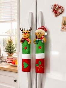 2pcs Christmas Cute Bear & Reindeer Fridge Handle Covers, Christmas Kitchen Appliance Handle Covers, Detachable And Reusable Protective Sleeve, For Christmas Decorations, Winter Holiday Home Decor, Refrigerator, Dishwasher, Microwave Decor - Reindeer Bear Style - View 2
