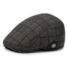 1pc Men's Thickened Ear-Protective Warm Baseball Cap, Autumn/Winter, Middle-Aged And Elderly, Thermal Lined Wool Plaid Beret - A - View 7