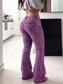 GILIPUR Low Waist Flare Jeans Acid Wash Stretch Denim Heart Patch Detail - Pink - View 7