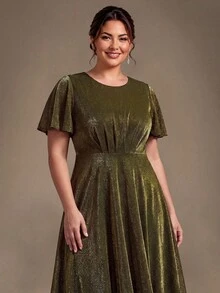 EVERPRETTY Robe midi pour invitée de mariage d'automne pour femmes avec fil métallique scintillant, manches volantées, taille A-line, robes pour la mère de la mariée - Doré - Voir 2