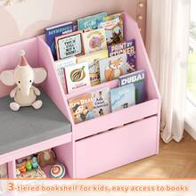 Multi-Functional Integrated Storage Bookshelf With Cushioned Seating & Movable Storage Box - Pink - View 4