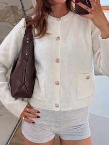 GLAMSKIN Cardigan Rajut Pendek Wanita Musim Gugur/Musim Dingin, Sweater Lengan Panjang Kerah Bulat dengan Kancing Depan dan Kantong Berpenutup, Pakaian Luar untuk Kantor dan Pakaian Sehari-hari - Aprikot muda - View 11