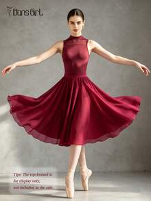 DonsGirl 1pc Women's Elegant Chiffon Ballet Midi Dress, Elastic Waist A-Line Flared Skirt, Multi-Functional Dance Dress Fall - Burgundy - View 2