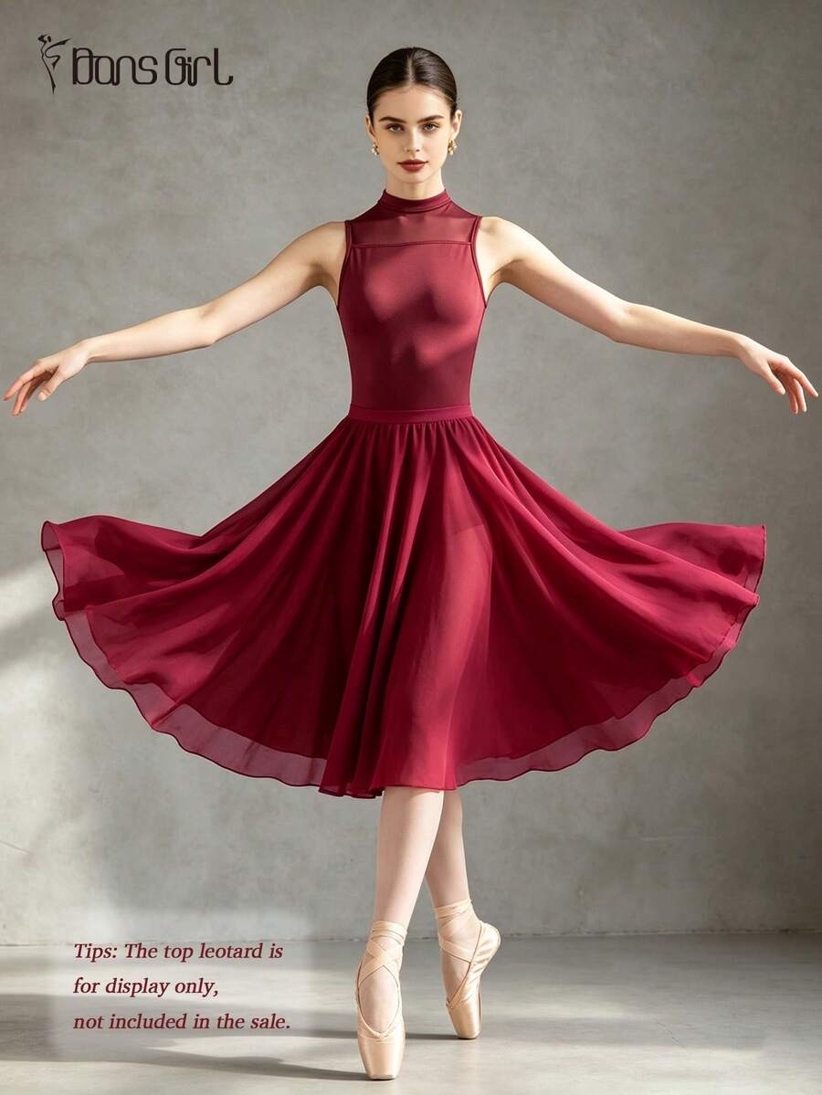 DonsGirl 1pc Women's Elegant Chiffon Ballet Midi Dress, Elastic Waist A-Line Flared Skirt, Multi-Functional Dance Dress Fall