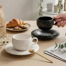 1pc Nordic Style Textured Ceramic Cup & Saucer Set, Black & White Matte Stone Pattern Latte Tea Cup, Suitable For Home, Office, Afternoon Tea, Great Gift - Multicolor - View 10