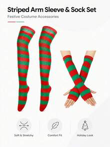 Halloween Striped Arm Sleeves And Over-The-Knee Leg Warmers Set, Orange And Black Long Stockings With Fingerless Gloves, Women's Girls Party Cosplay Costume Accessories - Multicolor - View 6