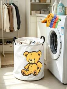 Cute Pig & Bear Print Fabric Storage Bin With Dual Black Handles, Large Capacity Foldable Design, Durable Wear-Resistant Fabric Material, Easy To Store And Organize, Suitable For Dirty Clothes, Dolls, Miscellaneous Items And Home Sundries, Ideal For Bedroom, Dormitory, Rental Home, Suitable For Homeowners And Students, Simple And Adorable Appearance, Aesthetic Placement, Convenient Access, Practical Home Storage Essential - Multicolor - View 11