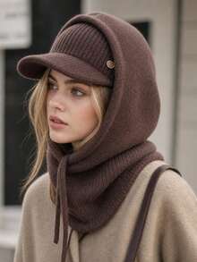 1pc Women's Fashion Scarf Knit Hooded Hat, Brimless Beanie Drawstring One-Piece Balaclava Warm Commuter Versatile Grey - Grey - View 15