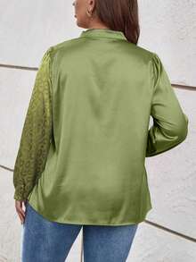 Women's Plus Size Casual Long Sleeve Leopard Print Jacquard Patchwork Shirt - Green - View 4