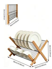 1pc Double-Layer Bamboo Dish Drying Rack‑Kitchen Countertop Storage Rack, Foldable Storage, Metal Mesh Basket And Bamboo‑Wood Bracket Design, Stable Structure, Space‑Saving, Fast Water Draining, Can Store Plates, Bowls, Cups And Tableware - Multiple Specifications - View 2