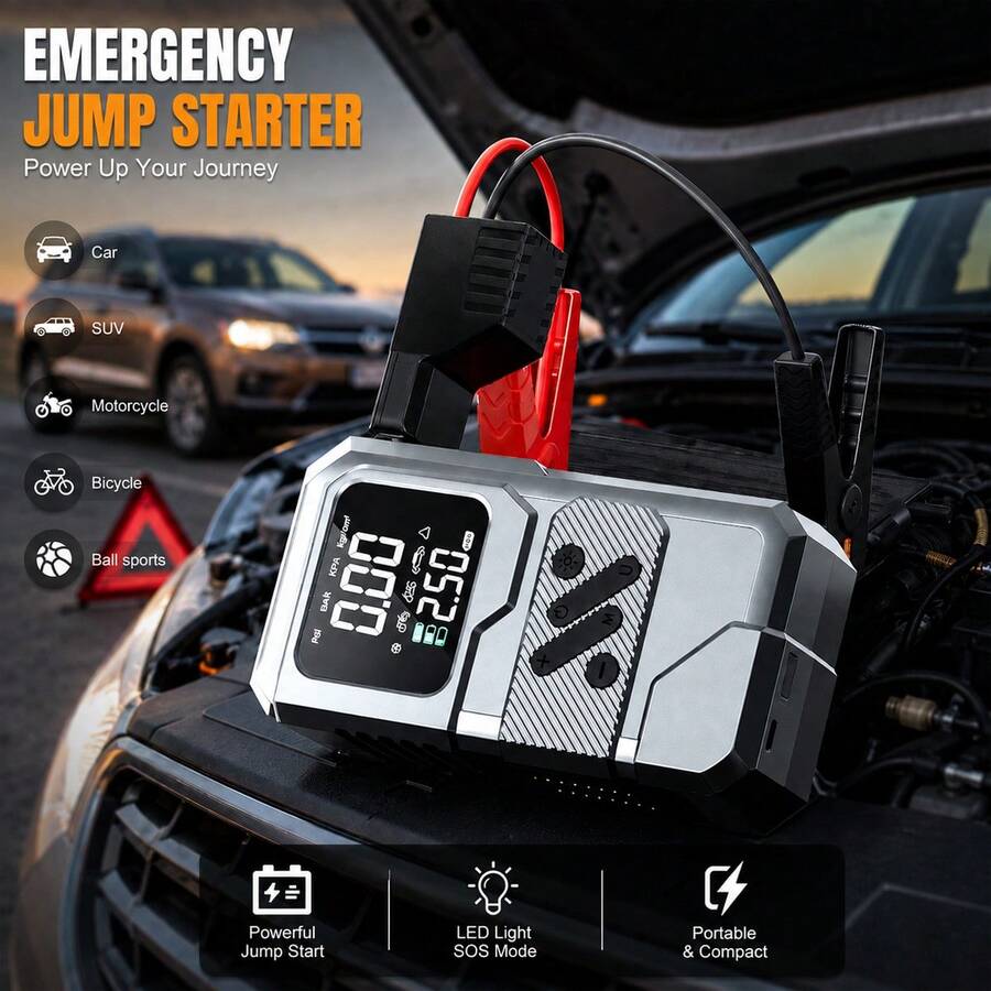 Alat Starter Mobil Portabel, Penguat Aki Mobil dengan Kompresor Udara 150PSI, Pengukur Tekanan Digital & Lampu LED, Paket Daya Starter Darurat untuk Mobil, Sepeda Motor, Sepeda & Bola Olahraga. 14.8V 1500mAh