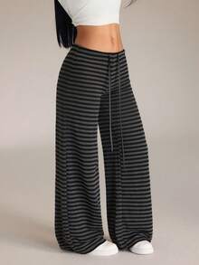 Vuslat Women's Autumn Street Colorblock Striped Knit Straight Leg Pants, Suitable For Daily Wear, Back To School, Party, Halloween - Black - View 1