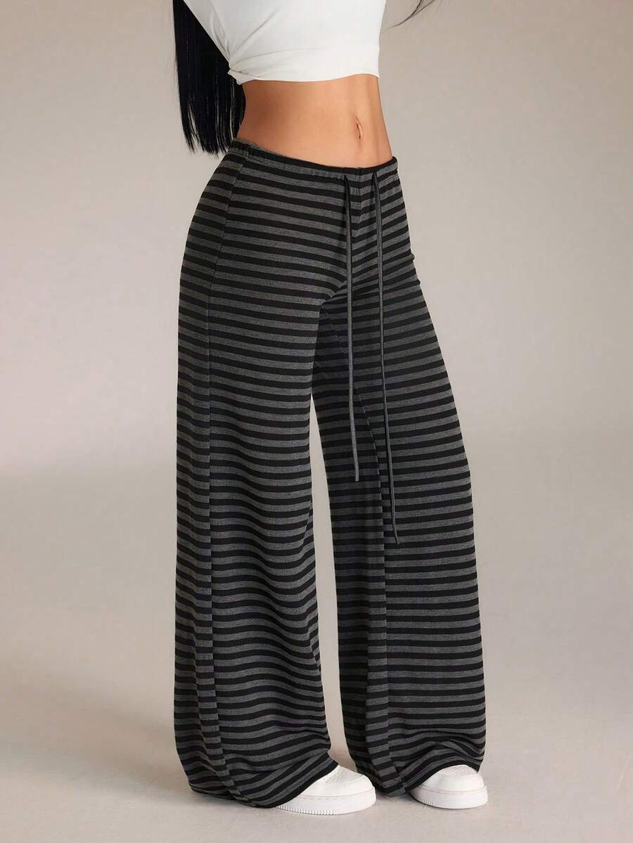 Vuslat Women's Autumn Street Colorblock Striped Knit Straight Leg Pants, Suitable For Daily Wear, Back To School, Party, Halloween - Black - View 1