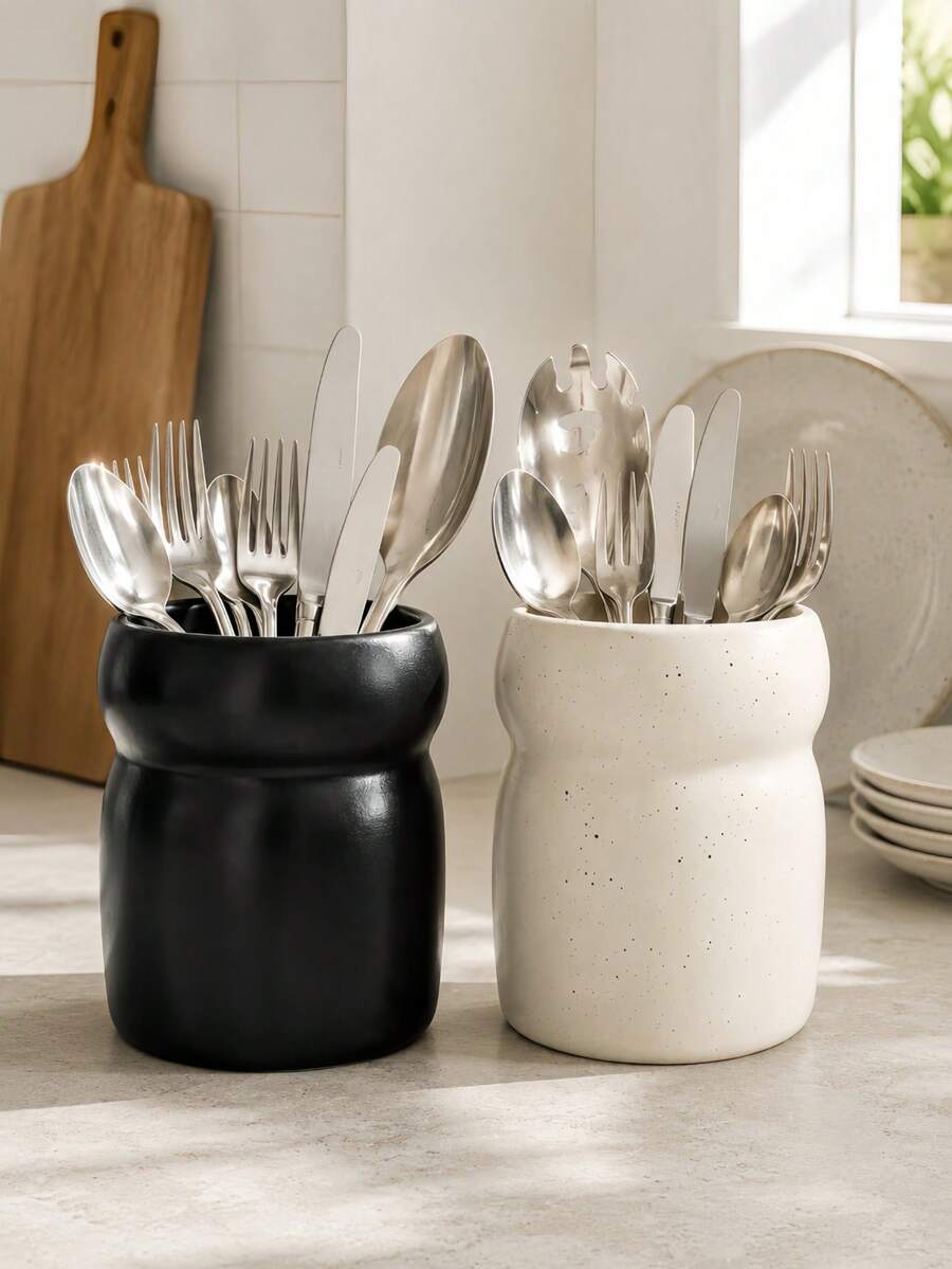1pc Waisted Kitchen Utensil Holder, Minimalist Gourd Shaped Speckled Utensil Crock, Black Beige Cooking Tool Organizer For Kitchen Countertop Dining Table Home Decor - Multicolor - View 1