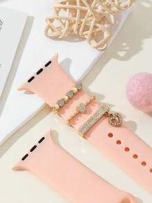 3pcs/Set Shiny Diamond Small Heart Glossy Decorative Fashion Zinc Alloy Ring Decor, Suitable For Silicone Watch Bands 38/40/41/42/44/45/49mm - Gold - View 4