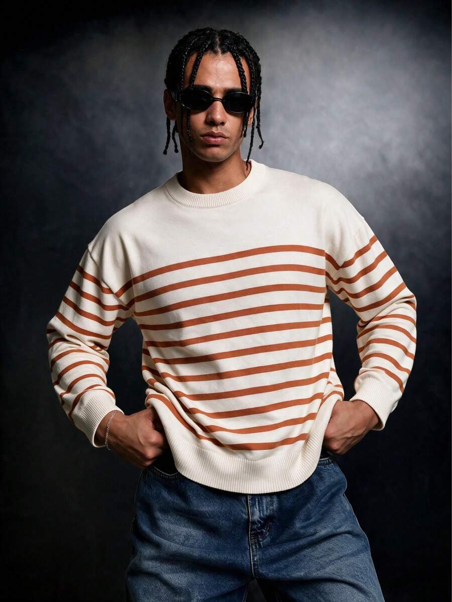 SU ER 1pc Men's Casual Striped Knit Sweater, Autumn/Winter - Burnt Orange - View 1