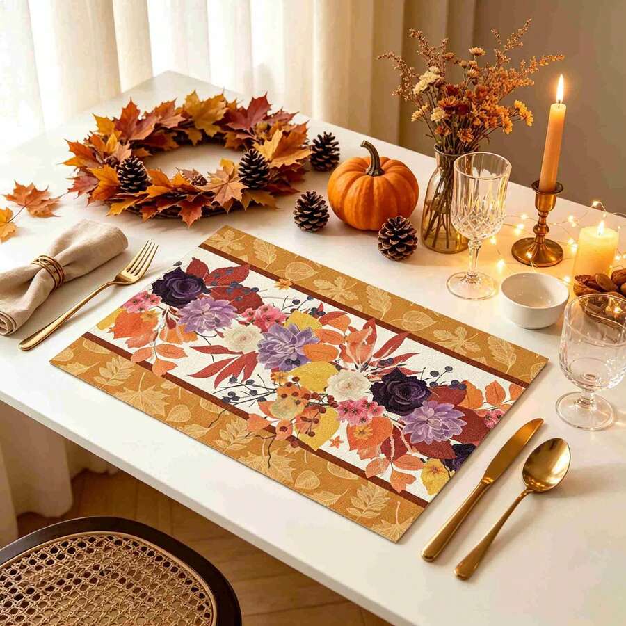 1/4/6pcs Autumn Series Vintage Floral Maple Leaf Border Pattern Printed Placemats, Heat-Resistant Table Mats For Home Kitchen, Table Protection, Kitchen Dining Table, Party Decor