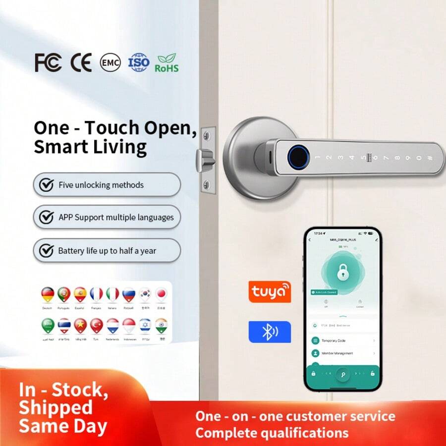 1 pieza Cerradura inteligente, cerradura de entrada electrónica sin llave con huella digital y teclado numérico, superficie pulida, alimentada por batería, acceso con tarjeta sensor, adecuada para biométrica de puertas de hogar y oficina