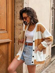Women's Colorblock Wide Stripe Knit Cardigan, V-Neck Drop Shoulder Long Sleeve Single-Breasted With Pockets, Casual Relaxed Daily Vacation Outfit For Autumn - Multicolor - View 1
