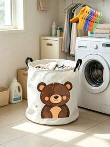 Cute Pig & Bear Print Fabric Storage Bin With Dual Black Handles, Large Capacity Foldable Design, Durable Wear-Resistant Fabric Material, Easy To Store And Organize, Suitable For Dirty Clothes, Dolls, Miscellaneous Items And Home Sundries, Ideal For Bedroom, Dormitory, Rental Home, Suitable For Homeowners And Students, Simple And Adorable Appearance, Aesthetic Placement, Convenient Access, Practical Home Storage Essential - Multicolor - View 12