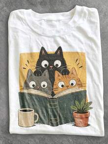 Plus Size Cute Reading Cat Book Graphic T-Shirt, Vintage Crew Neck Casual Short Sleeve T-Shirt - White - View 1