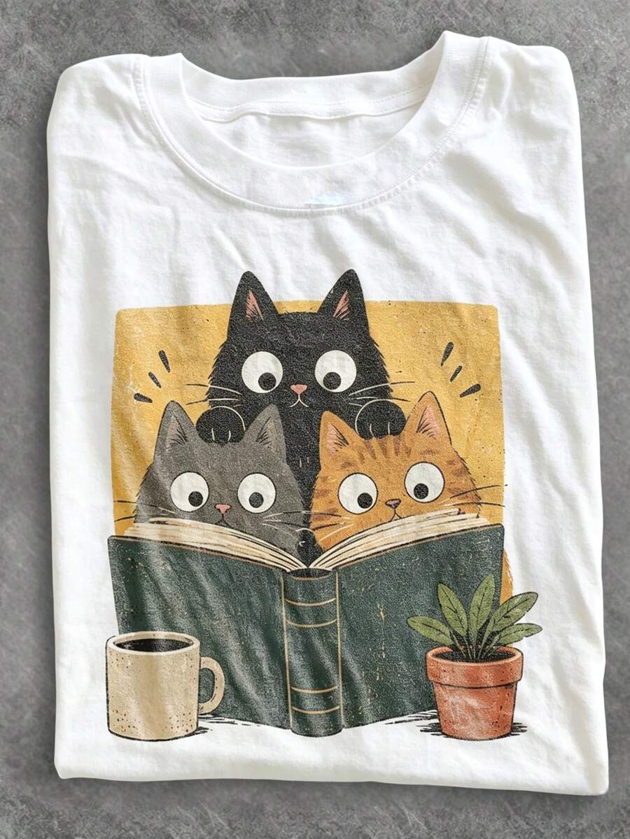 Plus Size Cute Reading Cat Book Graphic T-Shirt, Vintage Crew Neck Casual Short Sleeve T-Shirt - White - View 1