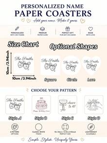10/20/40/60/90/120/150/300pcs Personalized Cardboard Coasters Minimalist Line Art Custom Name & Date Drink Coasters Square/Round/Heart Shape Suitable For Wedding Reception, Bridal Shower, Birthday Dinner, Christmas Party Table Decor Favors - Multicolor 4 - View 2