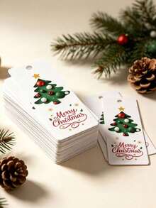 50/100pcs Merry Christmas Gift Hang Tags, Rectangle White Paper Tags With Christmas Tree, Star & Bauble Pattern, Xmas Decorative Label Cards With Pre-Punched Hole For Gift Wrap, Holiday Party, DIY Crafts - Multicolor - View 6