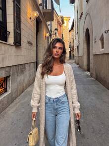 New Lazy Fluffy Soft Dropped Shoulder Lantern Long Sleeve Ribbed Cuff Double Side Pocket Design Knitted Wool Cardigan, French Gentle Casual Style, Daily Minimalist Commute Basic Outfit - Khaki - View 8