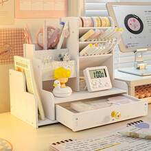 1pc Desktop DIY Pen Holder Storage Box, Multi-Functional Office Supplies Stationery Box, Large Capacity Student Wood-Plastic Pen Rack Organizer - White - View 11