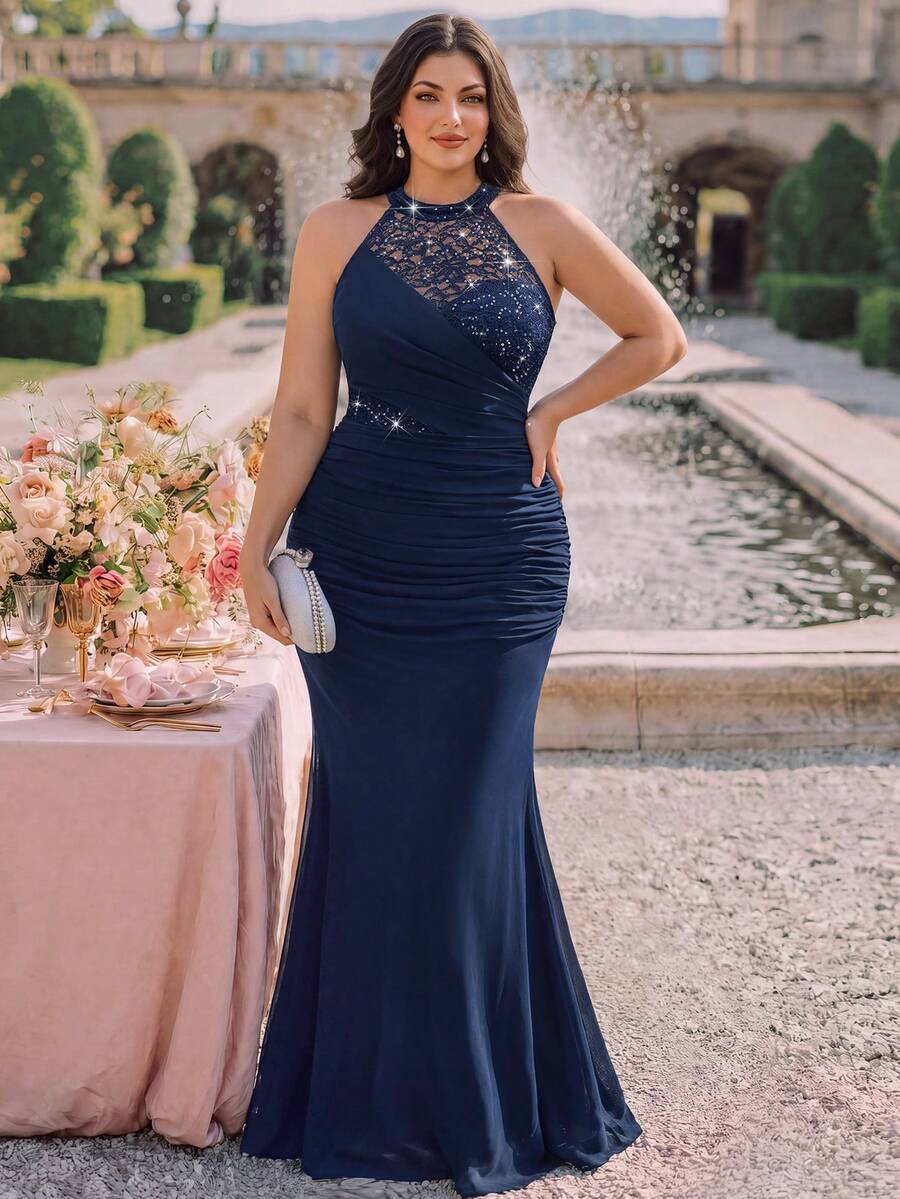 Plus Halter Neck Sequin Floral Lace Contrast Mesh Ruched Waist Mermaid Hem Evening Party Maxi Bodycon Dress,Wedding Guest Dress,Elegant Dress - Navy Blue - View 1